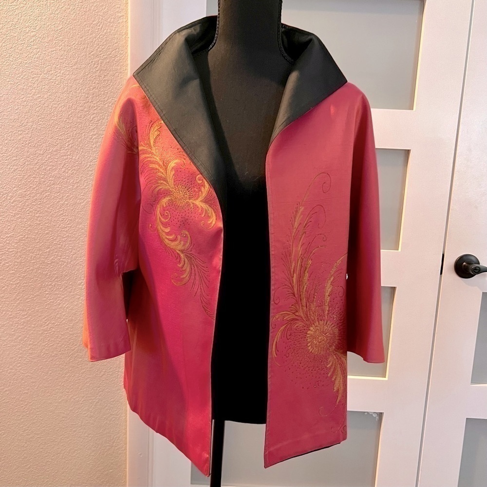 Thai SILK pink and black cardigan. Size M